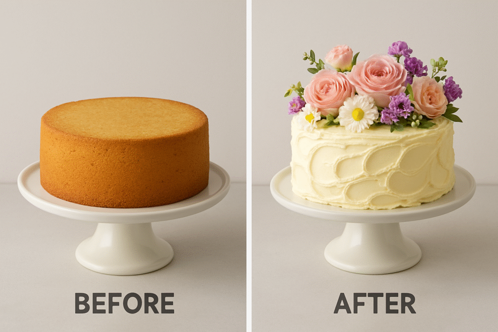 Antes y después de decorar un pastel.