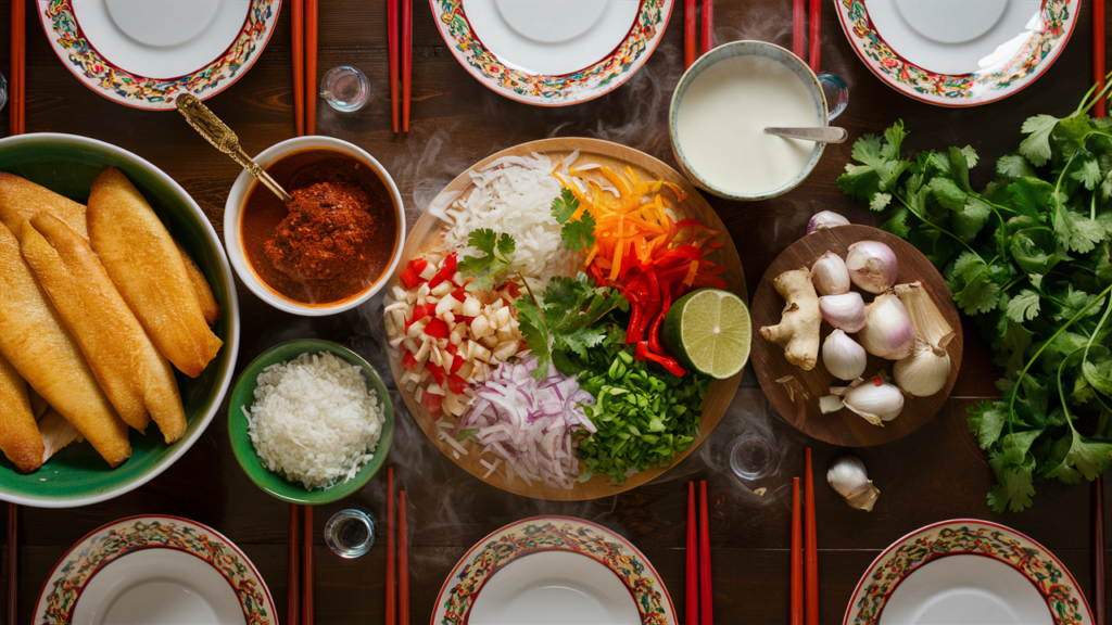 Ingredientes para curry de pescado tailandés sobre una mesa.
