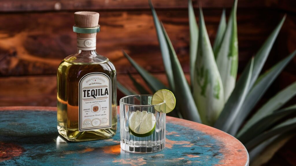 Botella de tequila mexicano con limón.