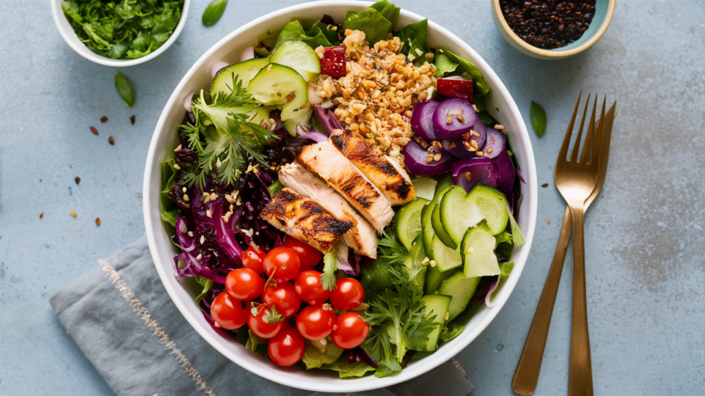 Bowl de ensalada con vegetales y pollo.