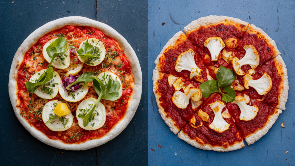 Comparación entre pizza tradicional y pizza de coliflor.