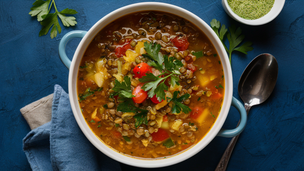 Sopa de lentejas y verduras con perejil fresco.