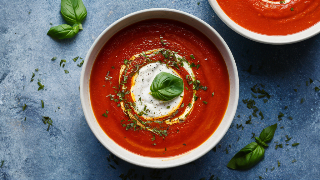 Sopa de tomate vegana con albahaca fresca