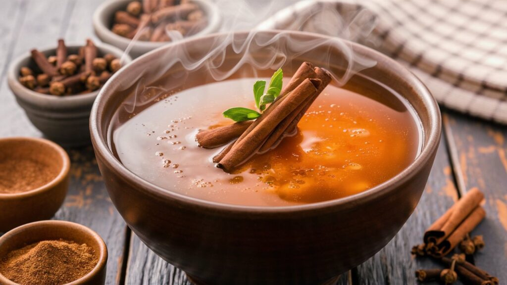 Caldo con una ramita de canela flotando y clavos de olor.