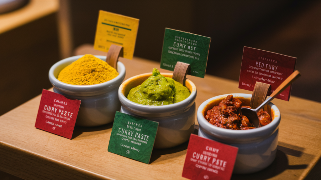 Diferentes tipos de curry en recipientes pequeños.