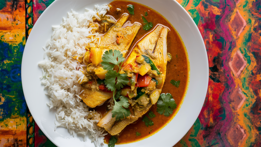 urry de pescado tailandés servido con arroz jazmín y cilantro fresco.