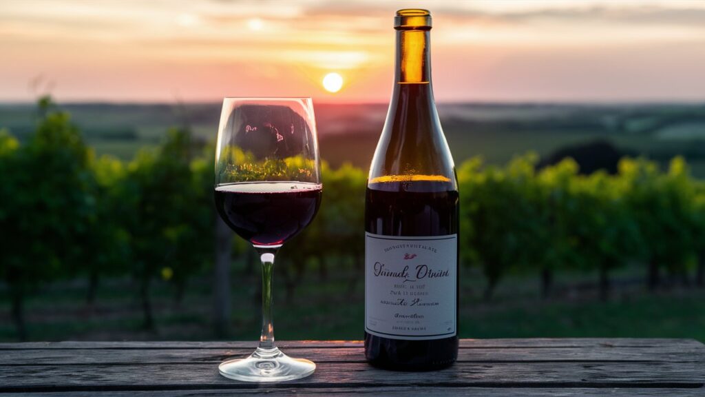 Copa de vino tinto francés en un viñedo.