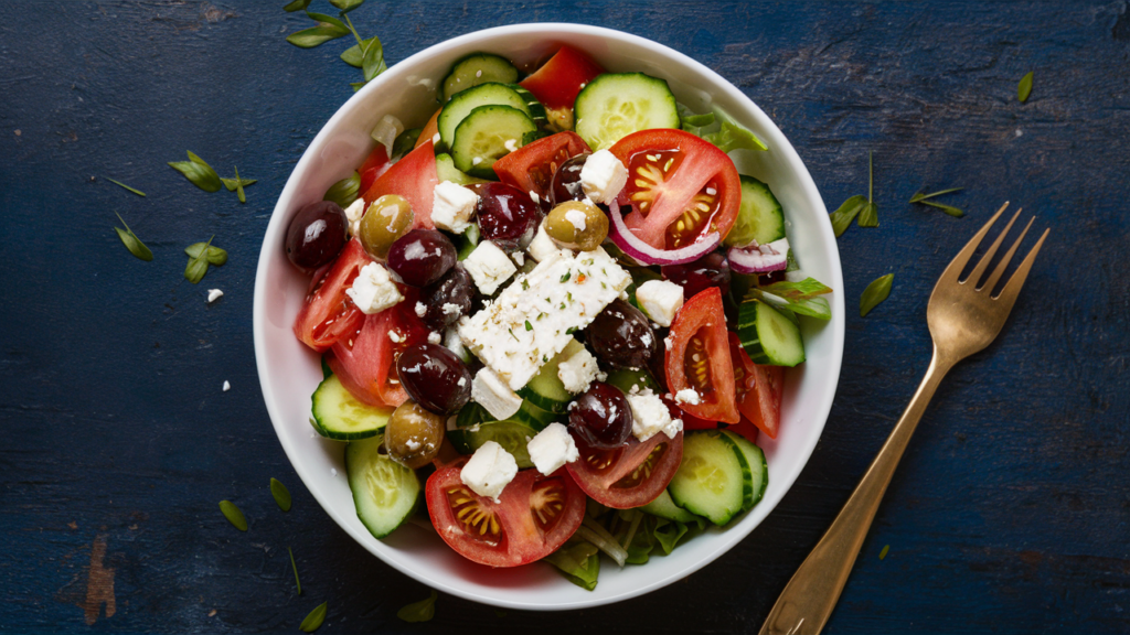 Ensalada griega con tomates, pepino, cebolla roja, aceitunas y queso feta.