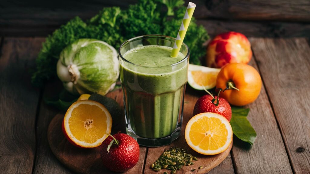 Batido verde en un vaso con frutas y verduras.