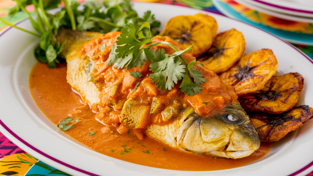 Curry de pescado caribeño servido con plátanos fritos y cilantro fresco.