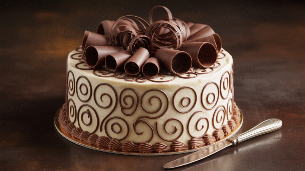 Adornos de chocolate en pastel.