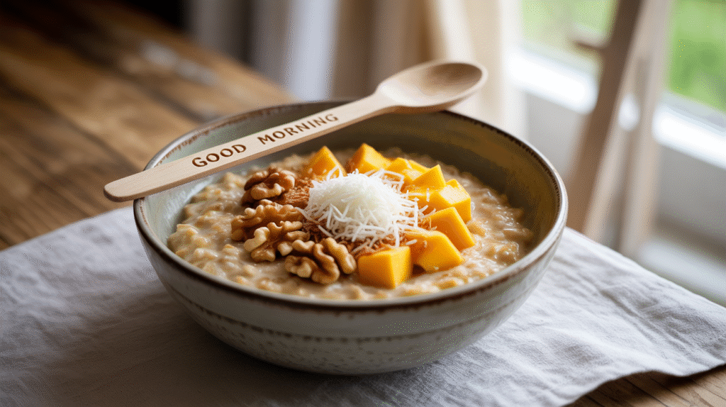  Avena tropical con mango y nueces.