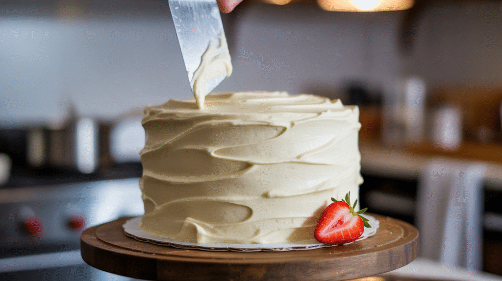 Aplicando frosting cremoso en pastel.