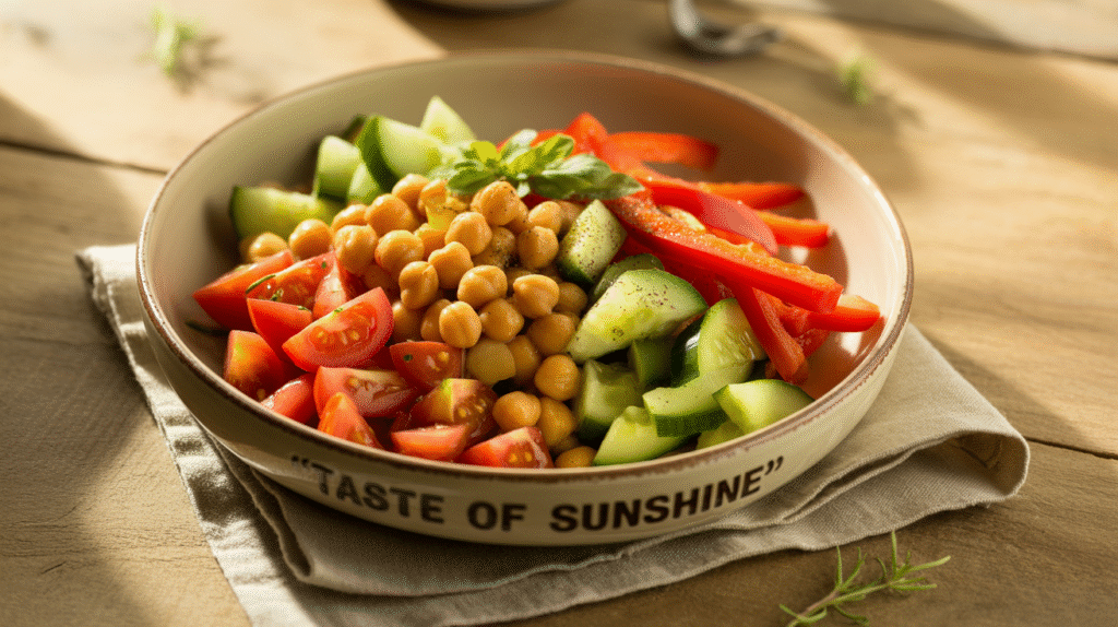  Ensalada mediterránea de garbanzos con verduras frescas.