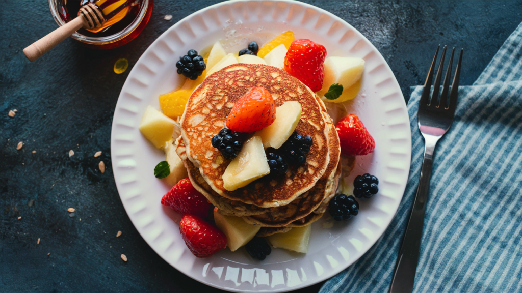 Panqueques de avena con frutas frescas.