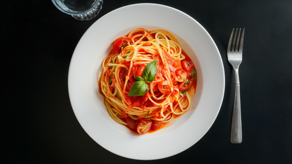 Plato de pasta al pomodoro con espaguetis y albahaca fresca