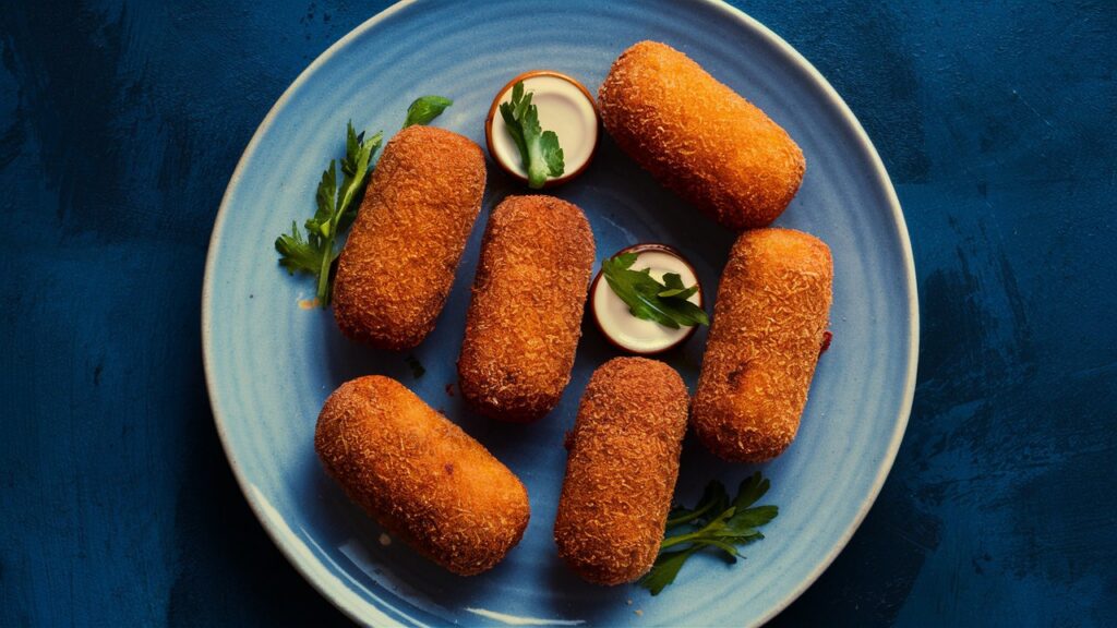 Plato con croquetas doradas y crujientes.