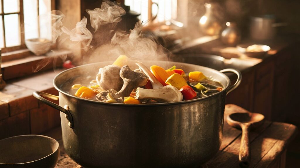 Olla con huesos y vegetales para caldo.