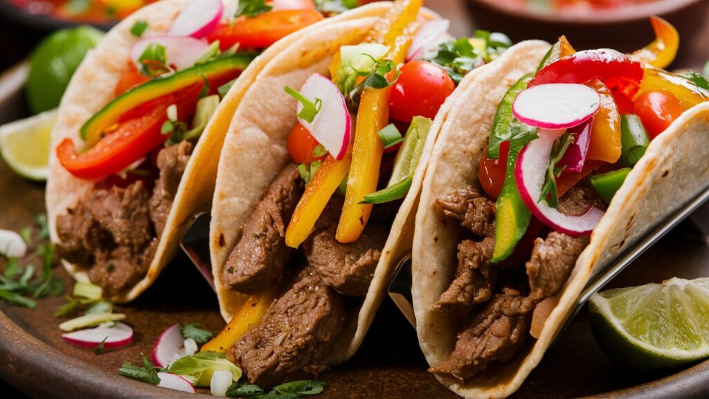 Tacos de carne con vegetales.