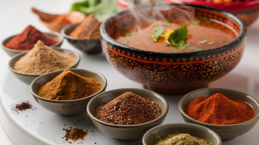 Cuencos con mezclas de especias Garam Masala y Ras el Hanout, y una sopa marroquí.