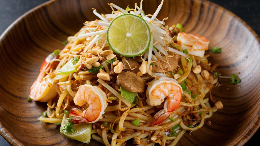 Pad Thai de camarones con cacahuetes y brotes de soja.