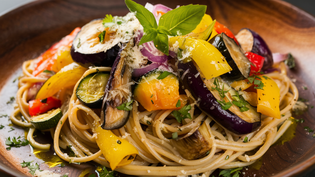 Pasta integral con verduras asadas.