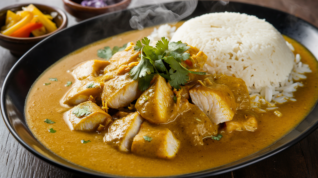 Plato de pescado al curry con arroz y cilantro fresco.