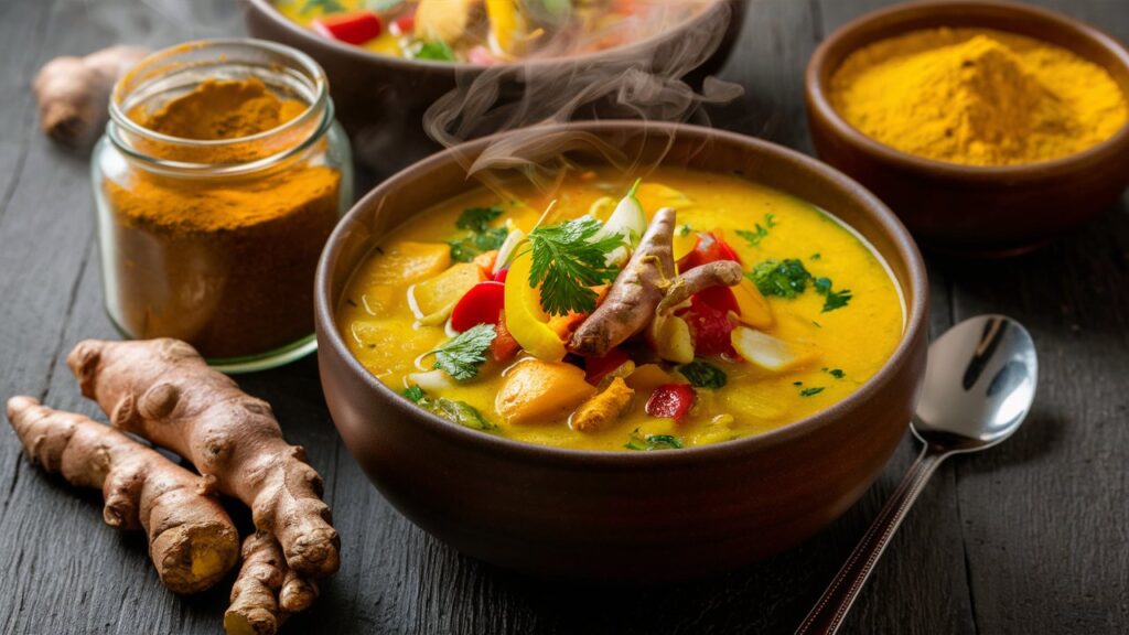 Sopa de verduras con cúrcuma y frasco de cúrcuma en polvo.