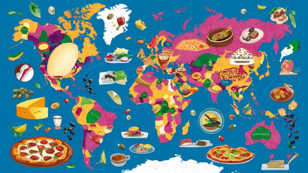 Mapa mundial con ingredientes y platos típicos de varias regiones.