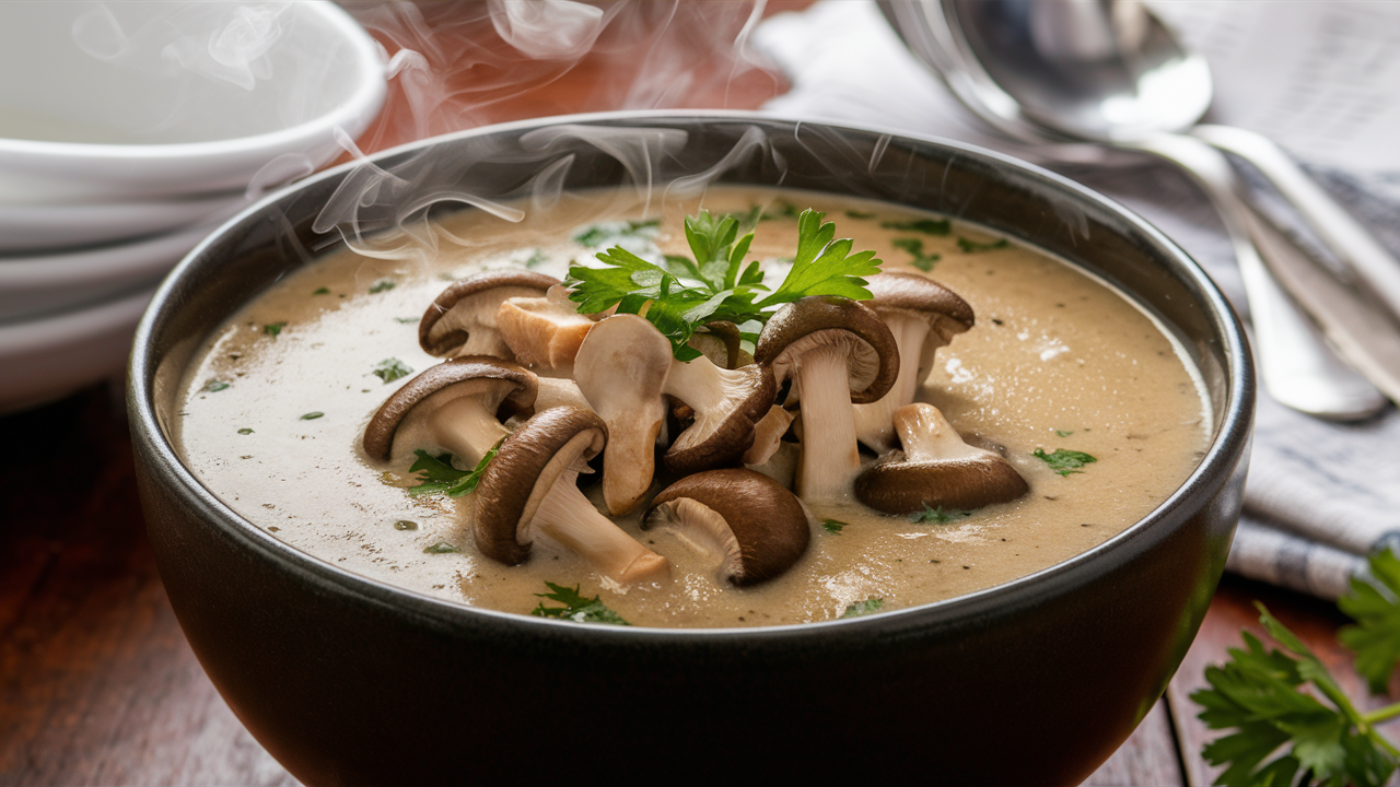 Cremosa sopa de champiñones con un toque de perejil