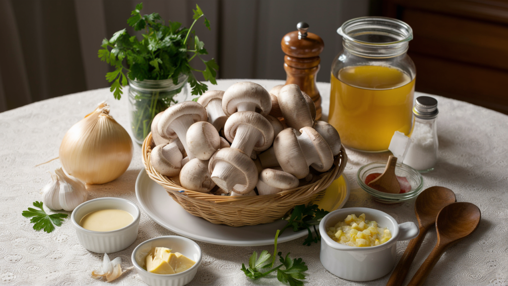 Ingredientes para la sopa de champiñones dispuestos sobre una mesa.