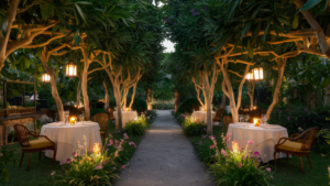 Jardín encantador con mesas a la luz de las velas en El Jardín Secreto.