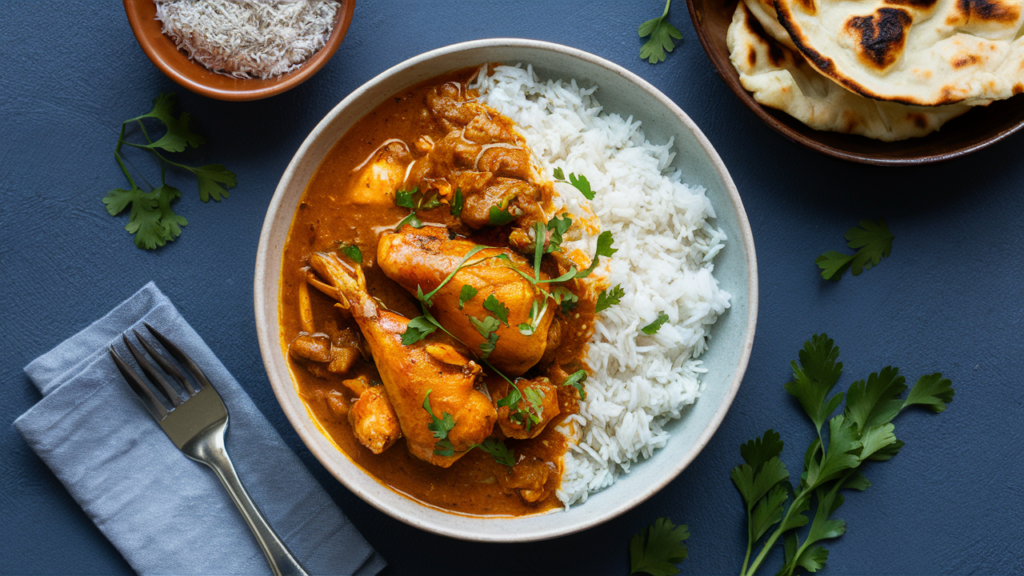 Curry de pollo indio con arroz basmati y pan naan.