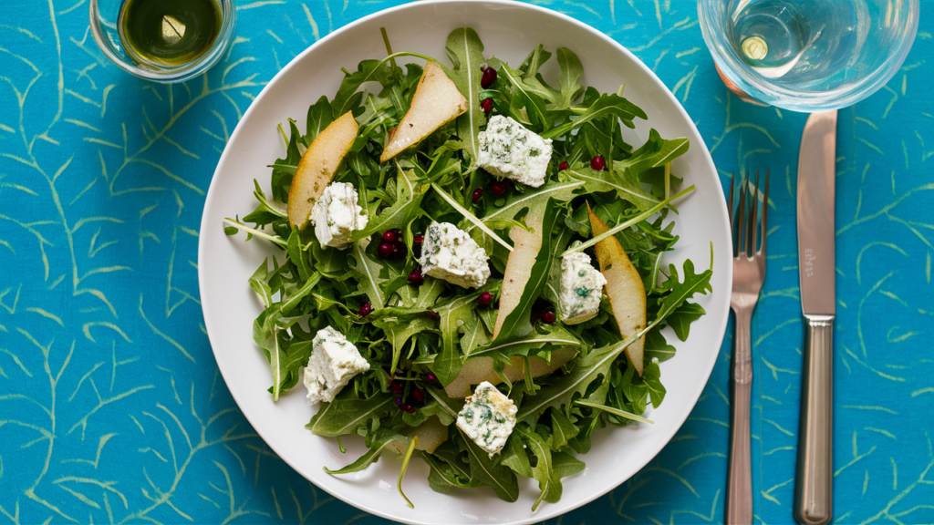 Ensalada de rúcula con peras y queso azul.