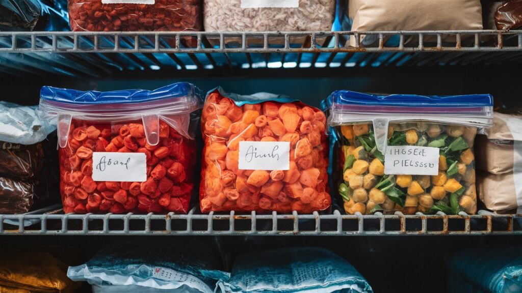 Bolsas de alimentos etiquetadas en un congelador.