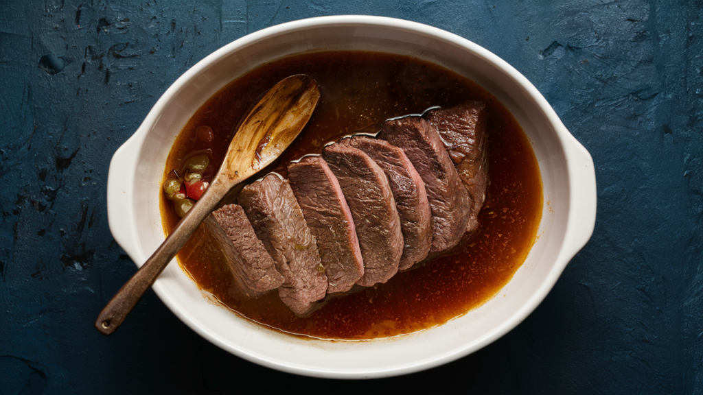 Carne de res cocinada a baja temperatura servida en un plato."