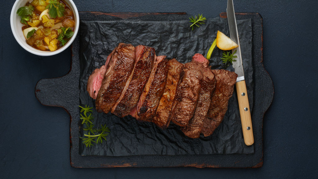 Carne de res cocinada a la parrilla con un exterior crujiente y dorado.