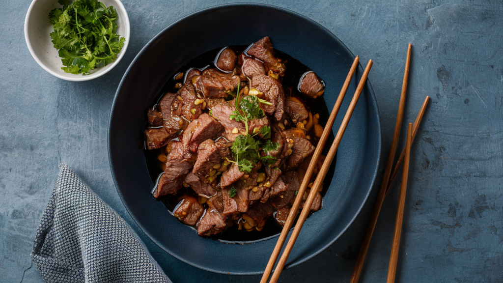 Carne de res marinada en salsa de soja y jengibre.