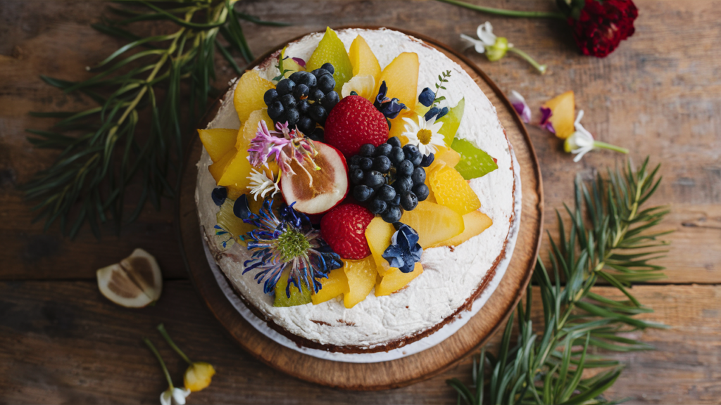 Pastel decorado con frutas frescas y flores comestibles.