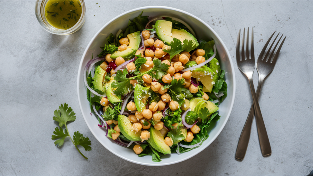 Ensalada de garbanzos con aguacate y cilantro.