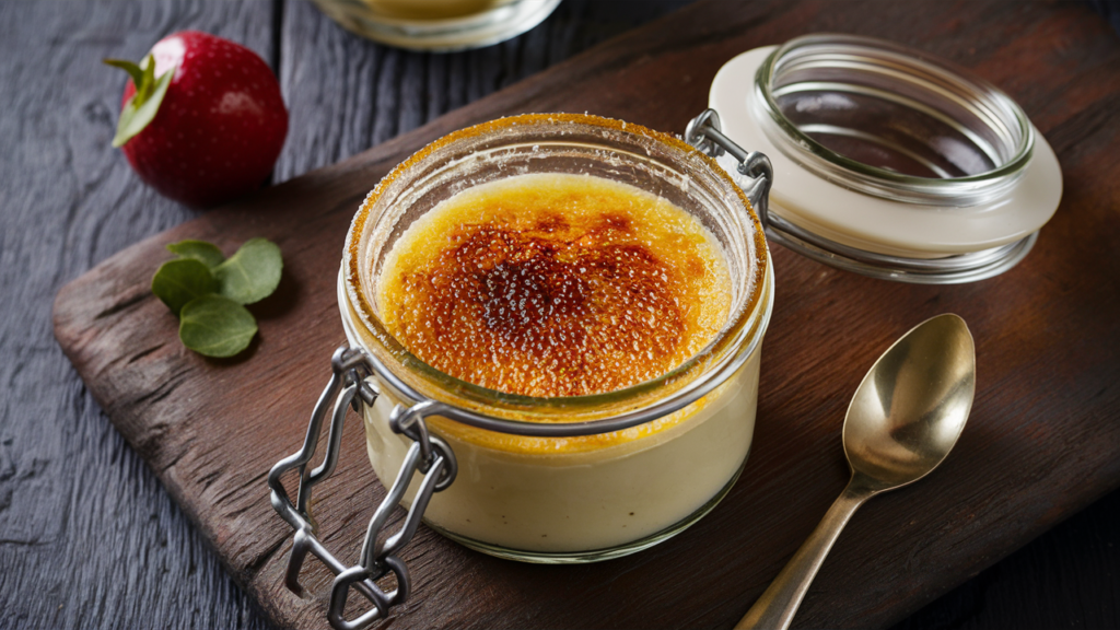 Crème brûlée servida en un tarro de vidrio con una capa crujiente de azúcar caramelizada.