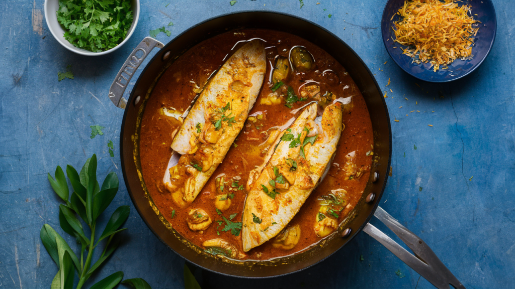 Filetes de pescado cocinándose en curry indio.