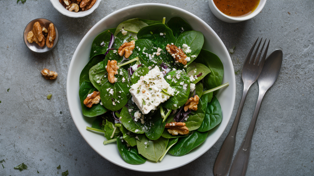 Ensalada de espinacas frescas con queso de cabra y nueces