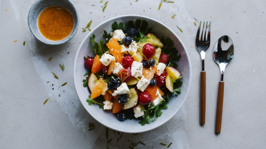 Ensalada de frutas con melón, piña y queso feta.