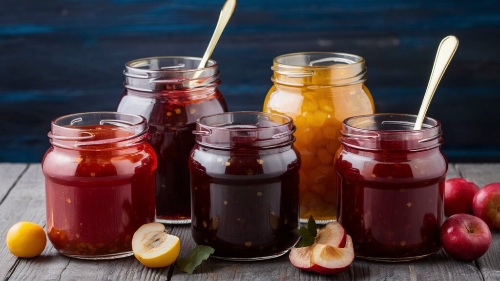 Frascos de vidrio con mermeladas caseras