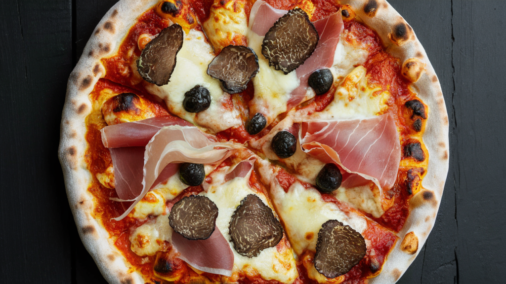 Pizza gourmet con trufas, prosciutto y queso derretido.