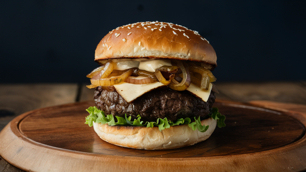 Hamburguesa gourmet de carne de wagyu con queso brie y cebolla caramelizada.