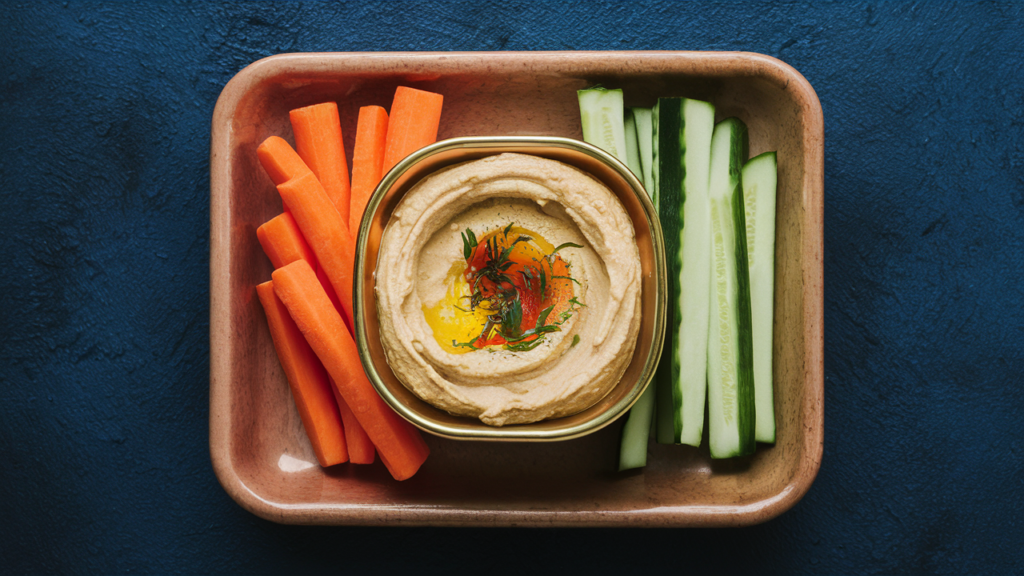 Recipiente con hummus acompañado de bastones de zanahoria y pepino.