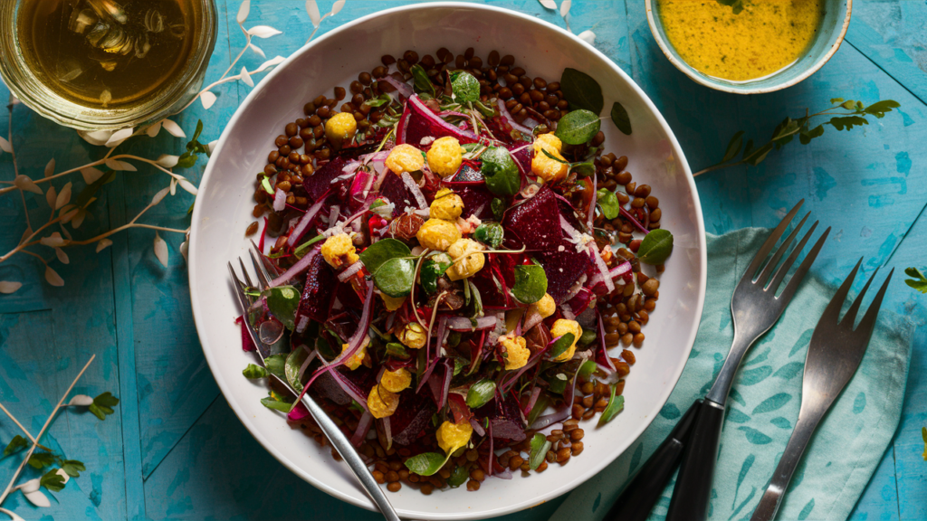 Ensalada de lentejas con remolacha y rúcula