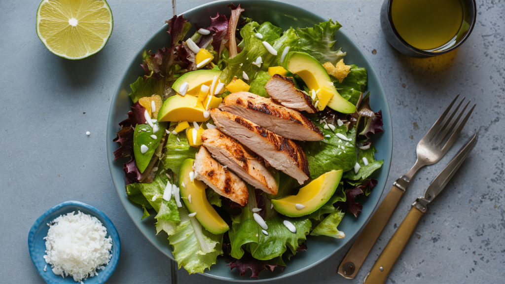 Ensalada de pollo a la parrilla con mango y aguacate.